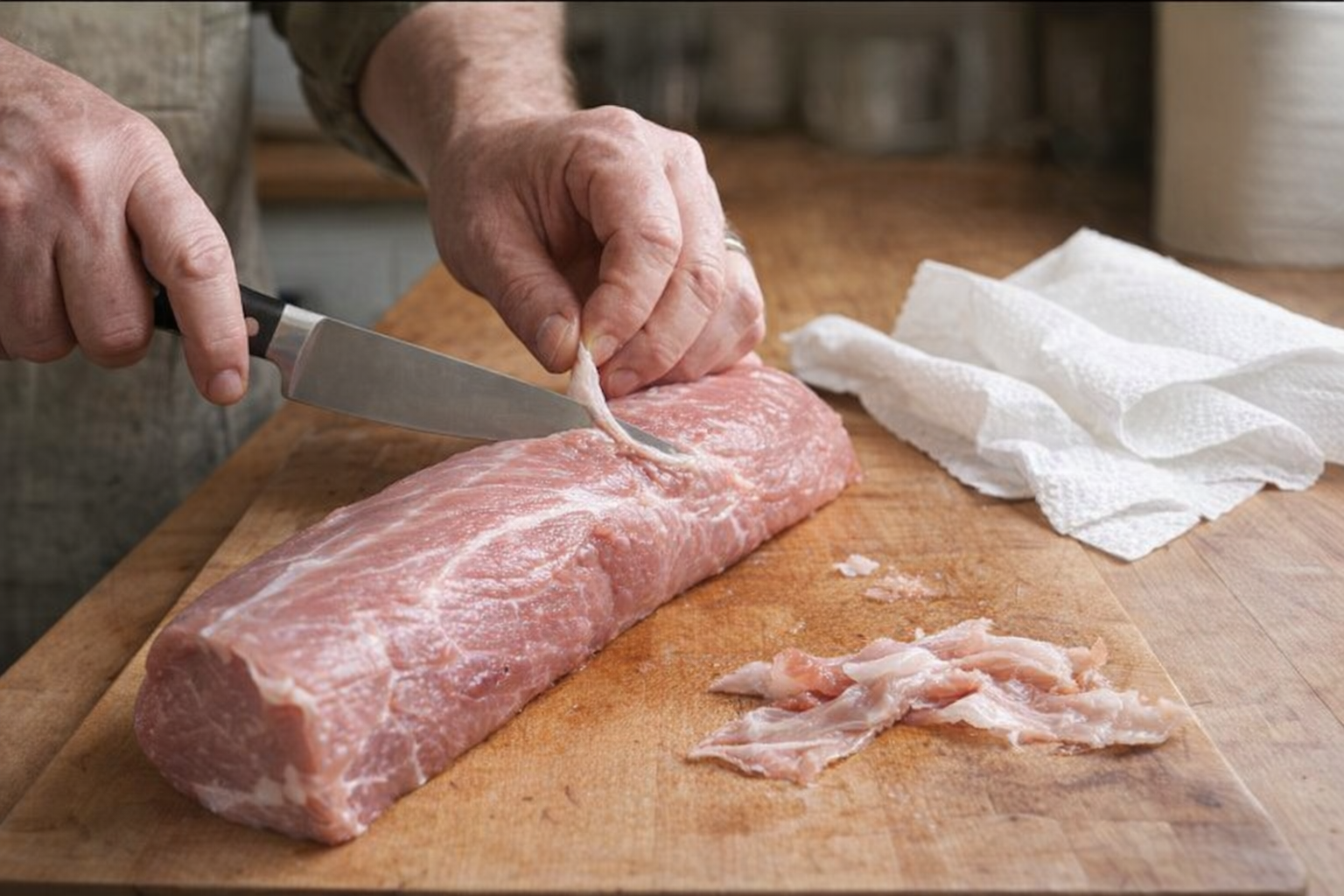 Close-up shot of a raw pork tenderloin being trimmed of silver skin on a wooden cutting board. A sharp knife and paper towels are nearby.
